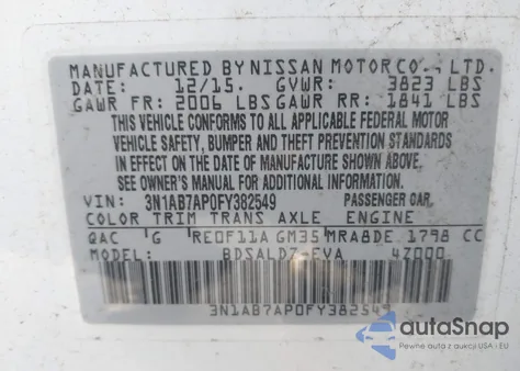 2015 Nissan Sentra Sv из США, поврежденный, VIN 3N1AB7AP0FY382549